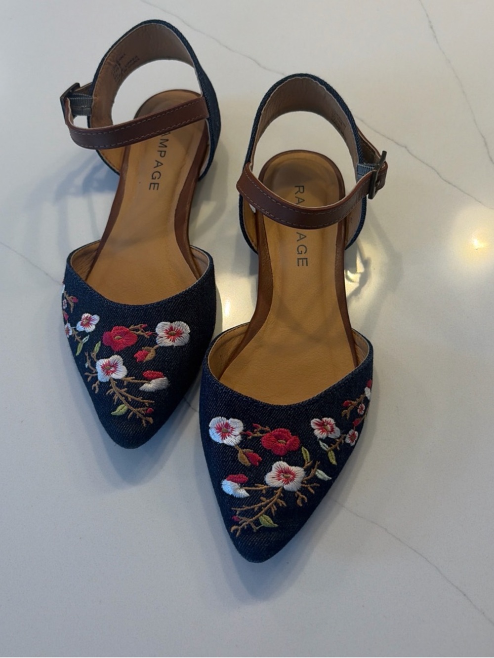 Rampage Navy Floral Embroidered Pointed-Toe Ankle-Strap Flats with Brown Strap